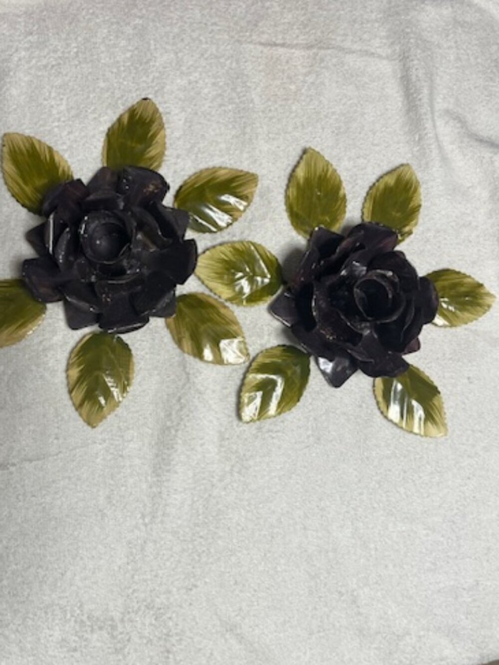 VTG Two Purple Hand Painted Rose Metal Taper Table Candle Holder 7.5"Wide